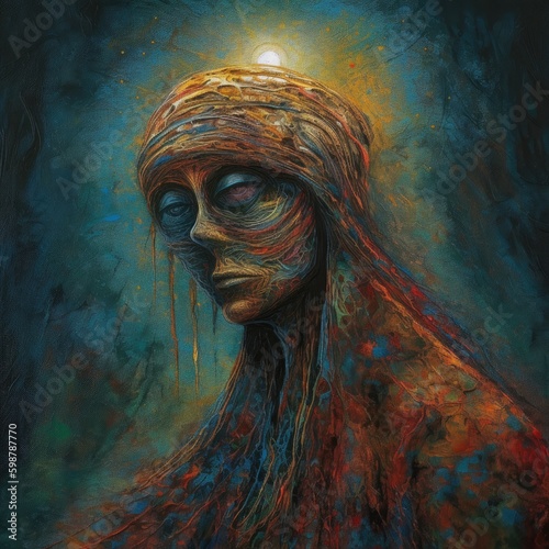 Surreal AI art portrays a transcendent figure, enveloped in vivid psychedelic hues, evoking a mystical, dreamlike dimension.