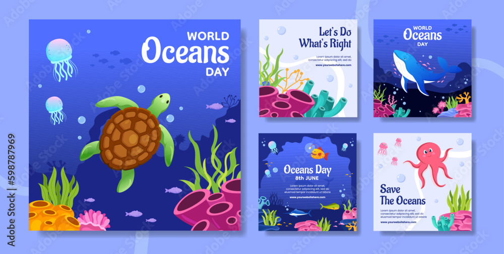 World Oceans Day Social Media Post Flat Cartoon Hand Drawn Templates Background Illustration