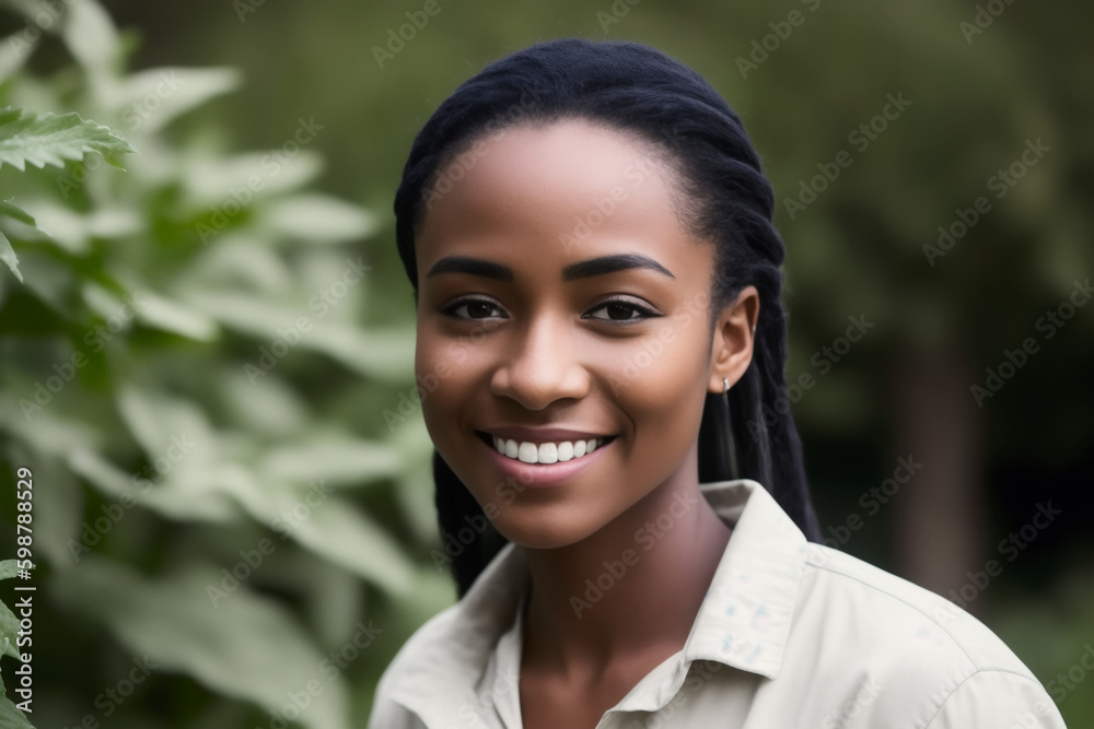 Portrait of the smiling happy healthy woman horticulturist standing in farm field. Concept of ecological environment. Generative AI Portrait of the smiling happy healthy woman horticulturist standing in farm field. Concept of ecological environment. Generative AI