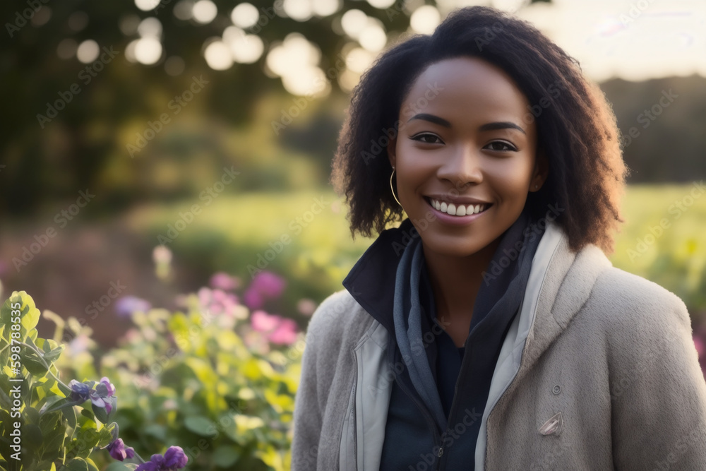 Portrait of the smiling happy healthy woman horticulturist standing in farm field. Concept of ecological environment. Generative AI Portrait of the smiling happy healthy woman horticulturist standing in farm field. Concept of ecological environment. Generative AI