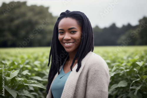 Portrait of the smiling happy healthy woman horticulturist standing in farm field. Concept of ecological environment. Generative AI