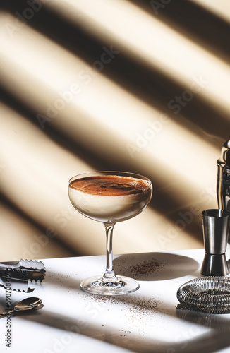 Brandy alexander alcoholic cocktail with cognac, cocoa liquor, cream, grated nutmeg and ice. Light beige background, hard light, shadow pattern