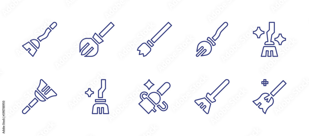 Broom line icon set. Editable stroke. Vector illustration. Containing magic broom, broom, flying broom, sweeping broom.