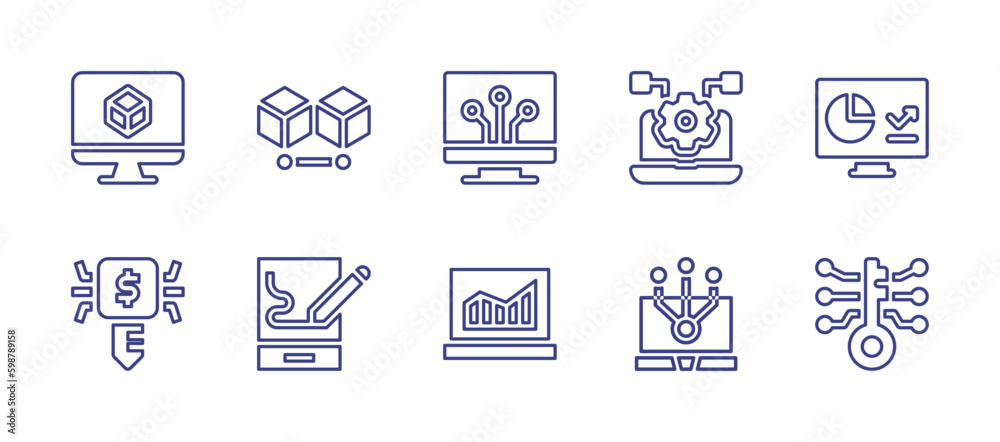 Digital technology line icon set. Editable stroke. Vector illustration. Containing cad, blockchain, digitalization, digital, augmented, digital key, digital drawing, laptop, simulation.