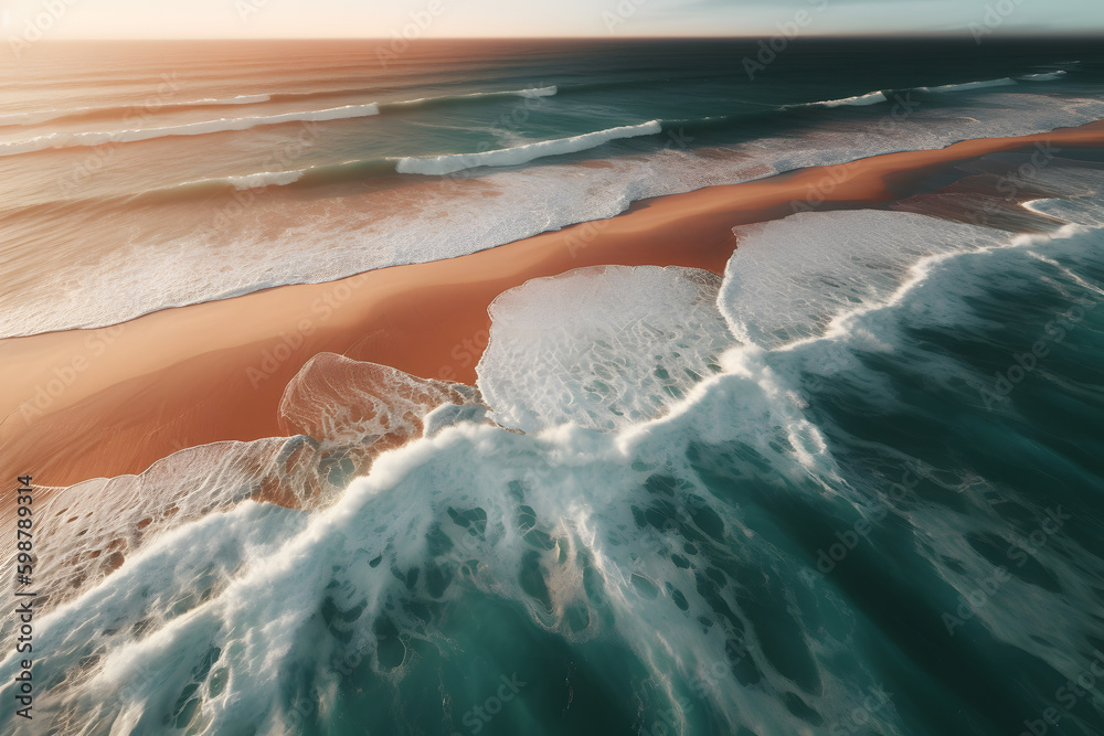 An aerial view of a beach with waves crashing on the shore, Generative Ai