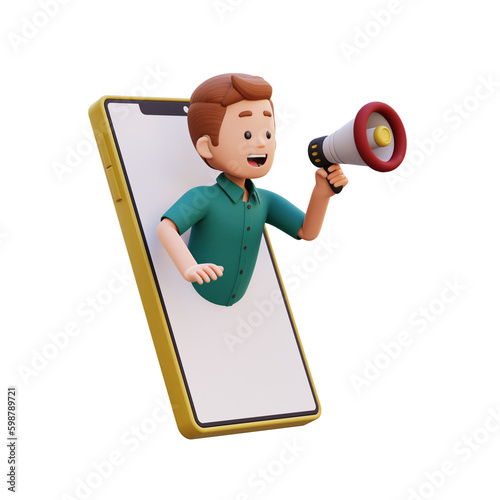 3d male character jumping out from smart phone screen and holding a megaphone