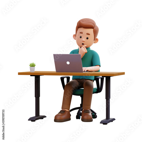 3d male character thinking and working on a laptop