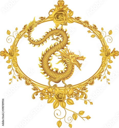 Golden dragon in a circle frame with roses