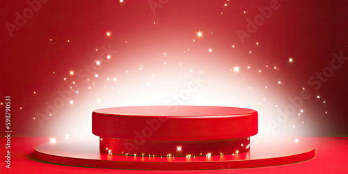 Empty red round podium, front view, Generative AI photo