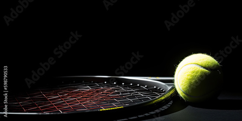 Tennis ball with racket in darkness, Generative AI