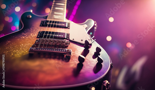 Close up of electric guitar during rock concert photo