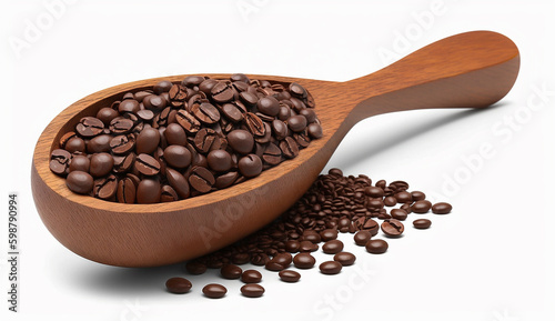 Coffee beans on wooden scoop isolated on white background