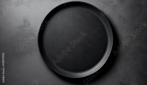 Empty black plate on gray concrete background