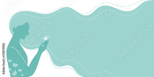 Silhouette of smiling woman with butterflies in stomach, mental health concept. Flat vector illustration banner.	
