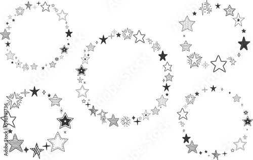 Hand drawn stars arranged in circles, five round star frames