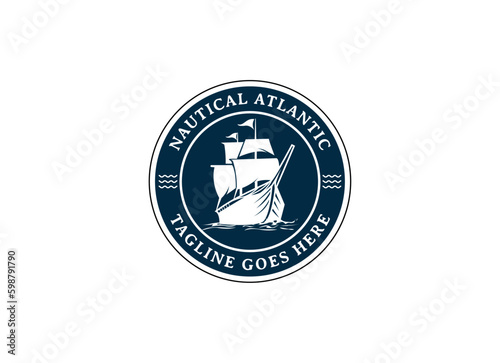 Vintage Retro Sailing Ship Logo Design. Sailor, Marine, Nautical logo design