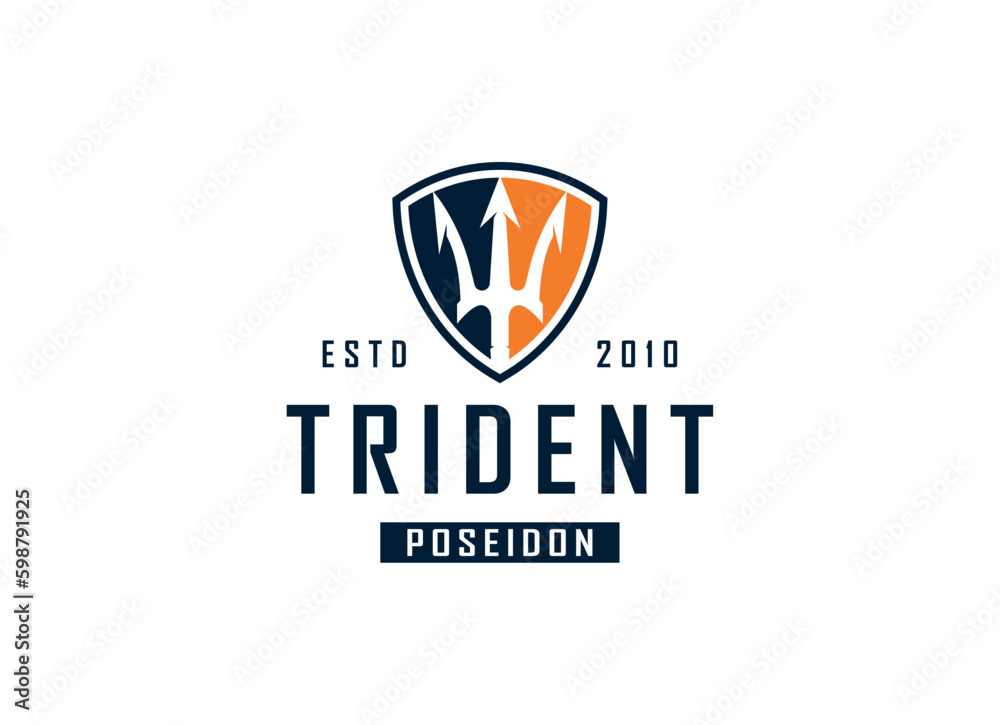 Trident Neptune God Poseidon Triton King Shiva Spear Label logo design. Vintage Poseidon Logo Trident Neptune God Poseidon Triton King Shiva Spear Label logo design. Vintage Poseidon Logo