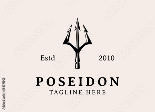 Trident Neptune God Poseidon Triton King Shiva Spear Label logo design. Vintage Poseidon Logo