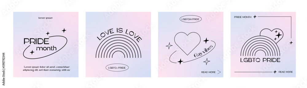 Set of trendy minimalist queer aesthetic square posters with linear rainbow and heart shape. Y2K Pride Month social media templates. Retro LGBT cards design with modern typography. Vector illustration Set of trendy minimalist queer aesthetic square posters with linear rainbow and heart shape. Y2K Pride Month social media templates. Retro LGBT cards design with modern typography. Vector illustration