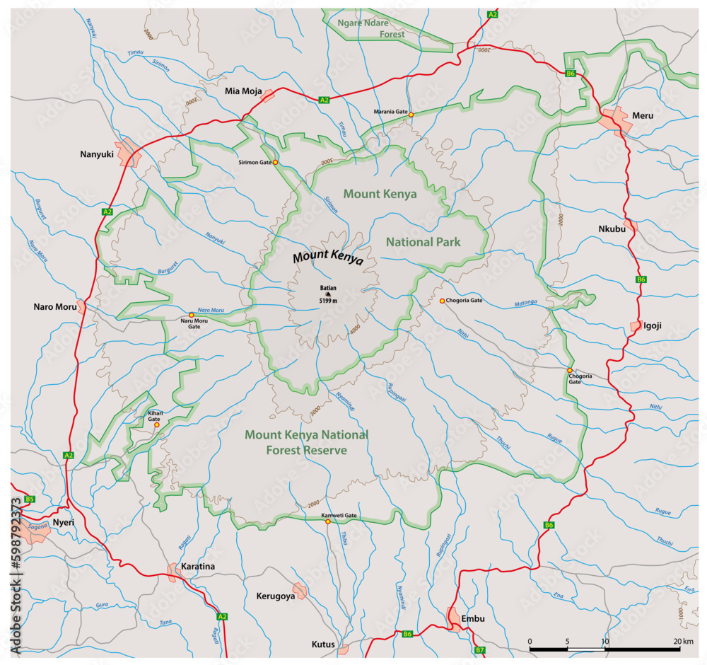 Detailed vector map Mount Kenya National Park, Kenya