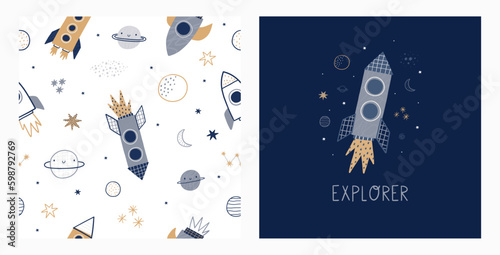 Cute cartoon hand drawn Space Explorer - vector seamless pattern in doodle style. Universe, stars, planet and rocket.