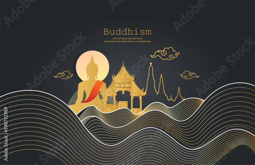 Buddha golden line meditating and wave dark color vector background - Magha puja day, Vesak day banner, important Buddhism days Thailand culture