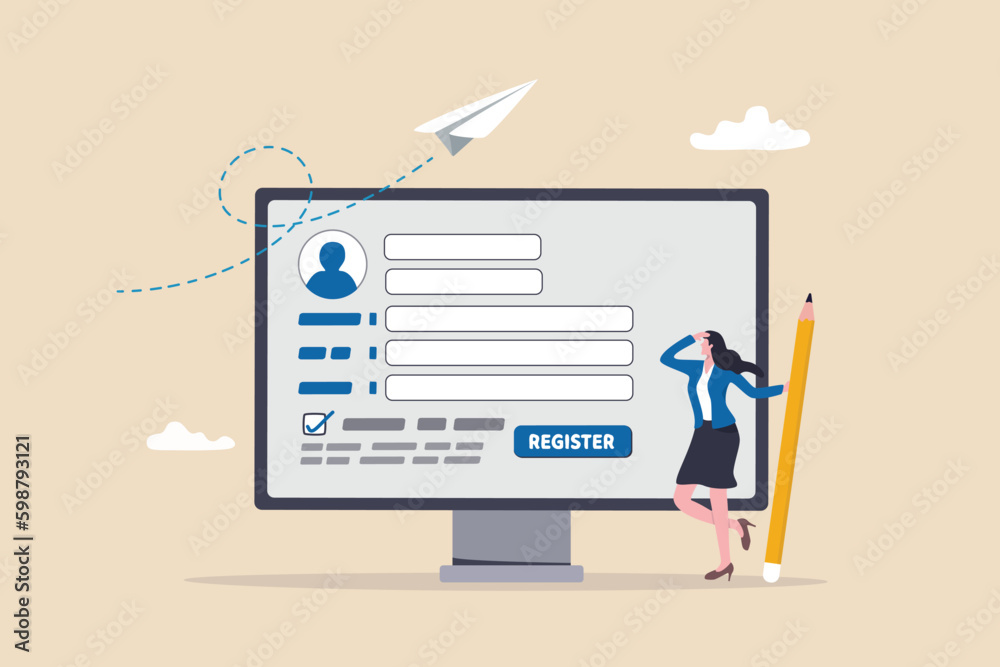 Register new user account, registration form or submission, sign up information online, apply new job or membership, self service concept, businesswoman with pencil complete online registration form.