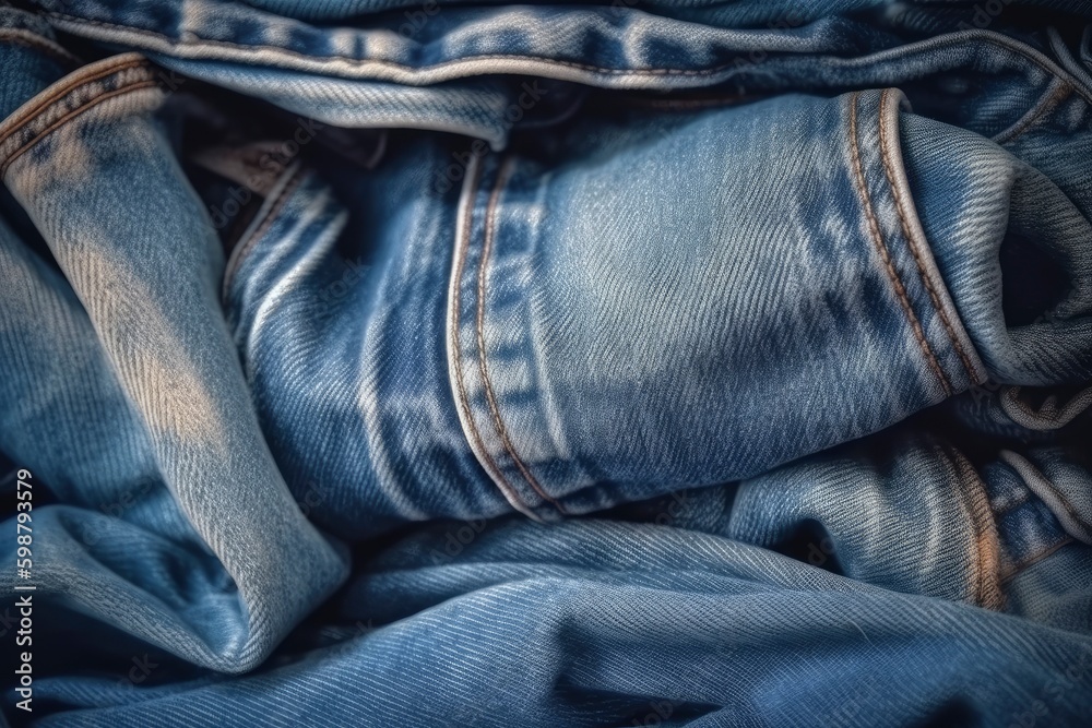 Blue jeans texture background. Denim blue cloth. Text place, banner, fashion background. Generative AI Blue jeans texture background. Denim blue cloth. Text place, banner, fashion background. Generative AI