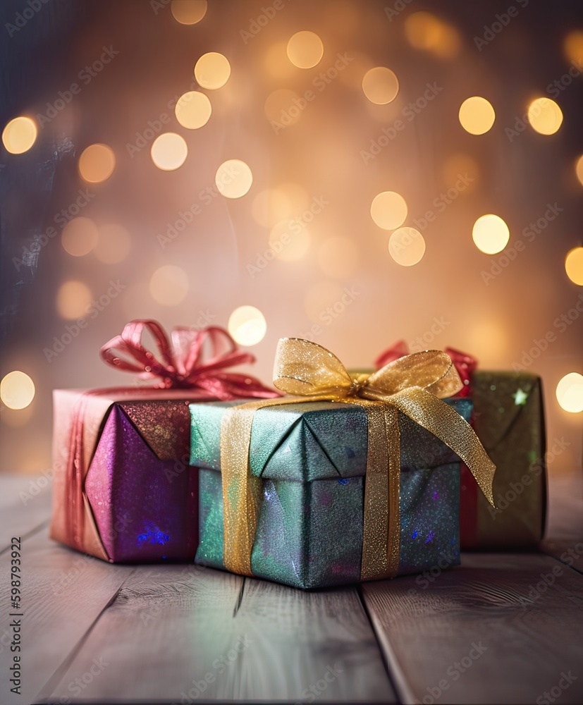 Christmas presents wrapped in red paper with gold ribbon on wooden table background and bokeh. Place for typography and logo. Copy space. Generative Ai. Christmas presents wrapped in red paper with gold ribbon on wooden table background and bokeh. Place for typography and logo. Copy space. Generative Ai.