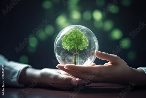 Hands protecting globe of green tree on tropical nature summer background, Ecology and Environment concept. Generative Ai.