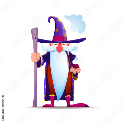 Cartoon gnome dwarf wizard character, fairy tale magician with magic stick, vector funny elf. Fantasy fairytale gnome wizard or dwarf sorcerer in witch hat and cape with stars, kids toy figure