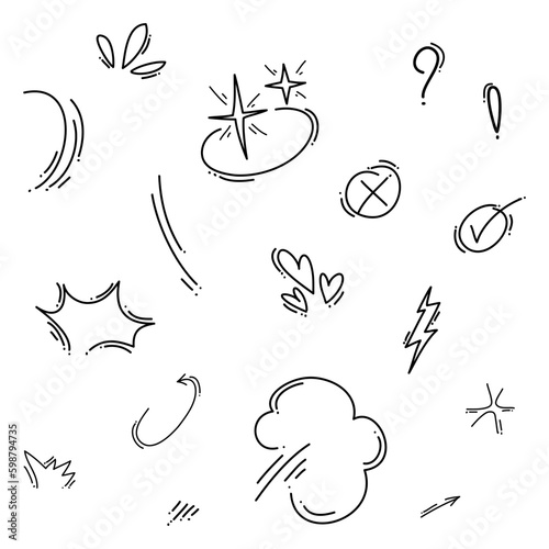 Doodle set cartoon expressions effects. Hand drawn emoticon effects design elements. vector illustration