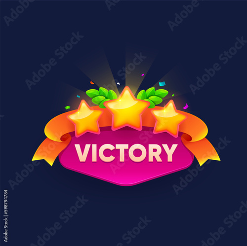 Game victory sign banner with winner golden stars, vector icon for mobile interface GUI. Cartoon victory sign of game award for level up with gold stars and wreath ribbon for mission complete