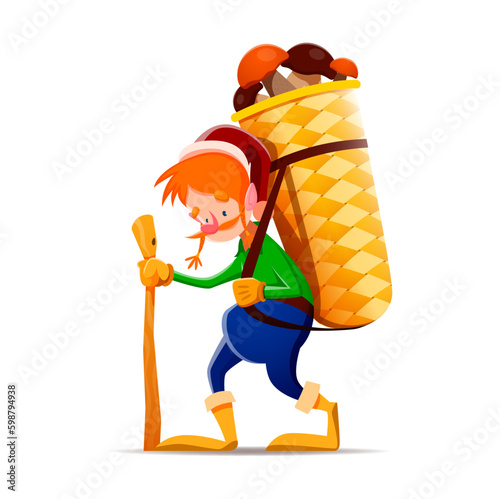 Cartoon gnome dwarf character with mushroom basket, vector farmer man. Fairy tale dwarf or gnome elf farmer carrying basket with harvest of forest mushrooms, kids fairytale cartoon character
