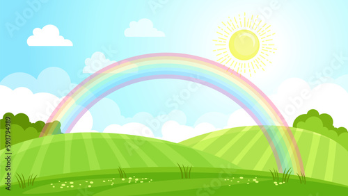 Vector background. Summer landscape. Green field, rainbow and sun in blue sky