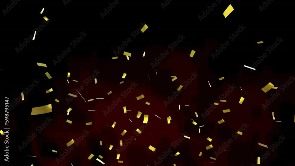 Animation of golden confetti falling against red background with copy space Animation of golden confetti falling against red background with copy space