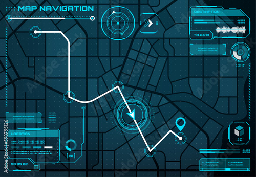 Hud city map navigation interface screen, route. Road traffic path, navigation app digital screen vector interface, city street route futuristic map background or delivery destination infographics