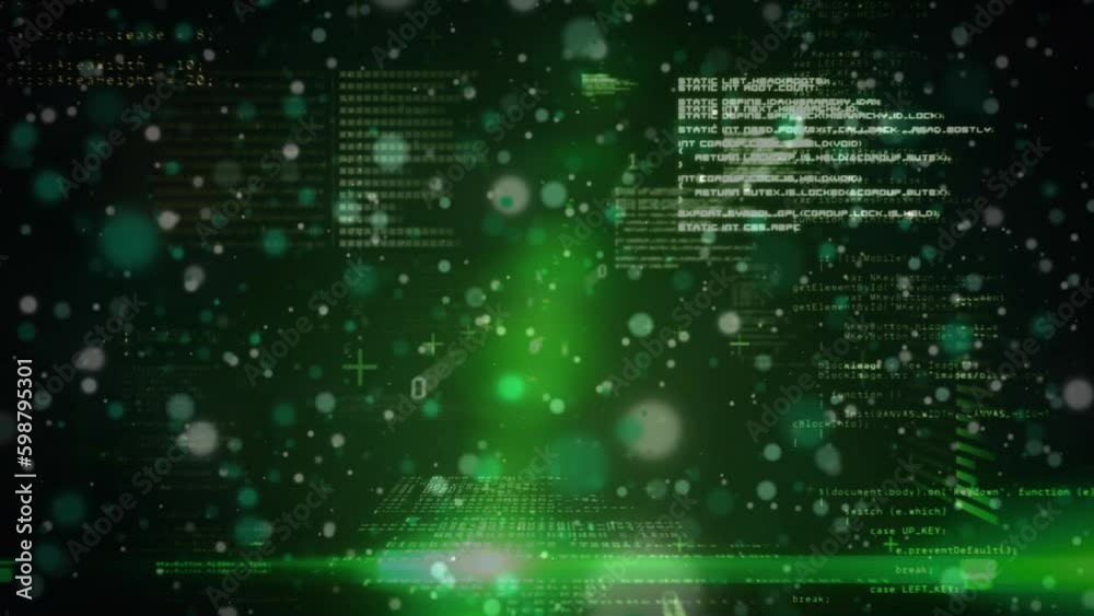 Animation of data processing and green spots of light against black background Animation of data processing and green spots of light against black background