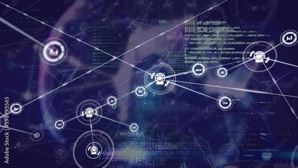 Animation of network of digital icons and data processing against globe of plexus networks Animation of network of digital icons and data processing against globe of plexus networks