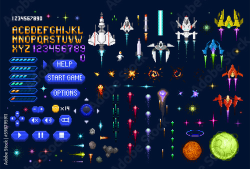 Space galaxy 8 bit arcade pixel game. 8bit platform console videogame vector asset with font, gamepad buttons, life level and fantastic spaceships, planet, laser shooting and explosion animations