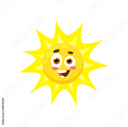 Cartoon sun character, vector cheerful sunny personage with smiling face and yellow rays emanating from head. Cute and friendly solar for summer weather forecast app, sunscreen cream or children book