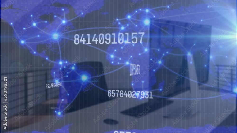 Animation of changing numbers and glowing light trails over world map against office desk Animation of changing numbers and glowing light trails over world map against office desk