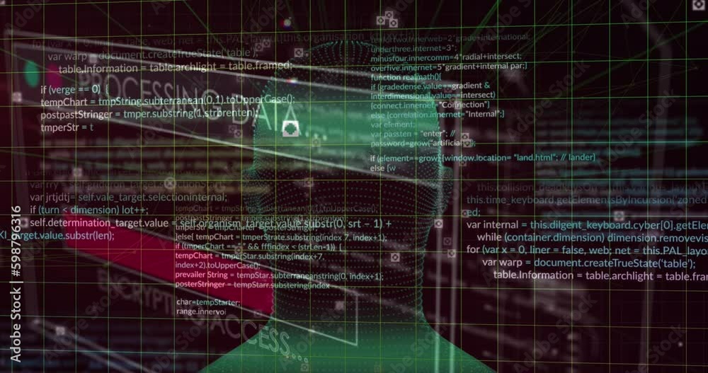 Animation of interface with data processing over spinning human head model against pink background