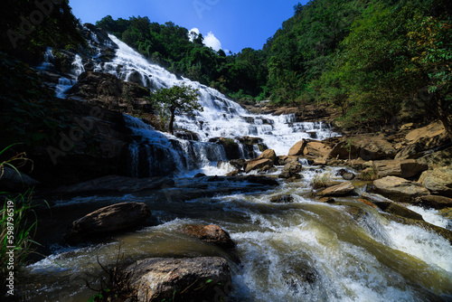 wide angle shot, Mea Ya Waterfall in the rain season at Doi Inthanon National park, north of Chiang Mai Province, Thailand