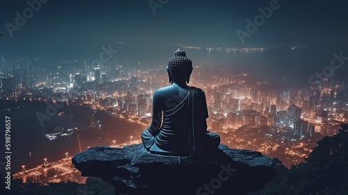 Buddha with a nighttime view of a metropolis in the future. GENERATE AI