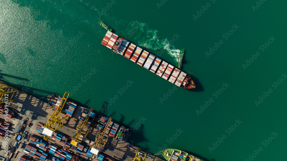 container ship business, logistic delivery service goods for import export international by sea, asia pacific , container ship transport, aerial view