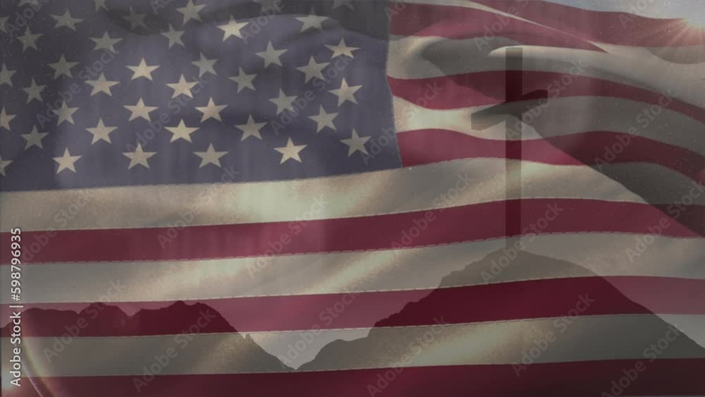 Animation of christian cross and flag of united states of america