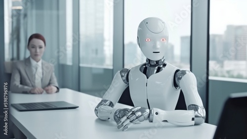 Humanoid robots and workers attend a business meeting. GENERATE AI