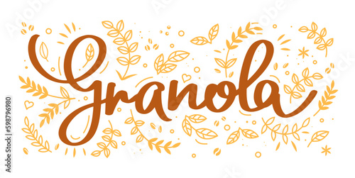 Granola, cereal food label and oatmeal or muesli food and oat breakfast, vector doodle. Granola package label for organic healthy meal with brown granola lettering and wheat grain hearts for muesli
