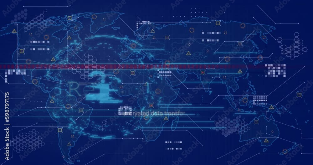 Animation of data processing over world map on blue background Animation of data processing over world map on blue background